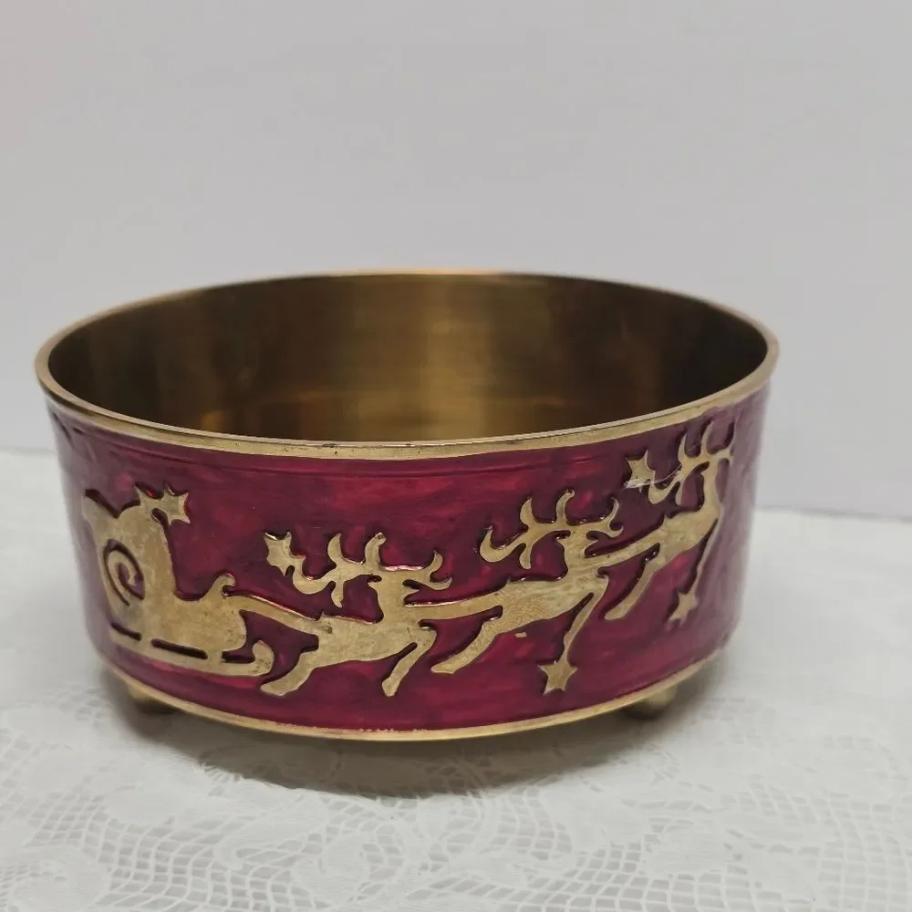 Vintage Santa's Reindeers Sleigh Christmas Brass Footed Bowl Wine Bottle Holder